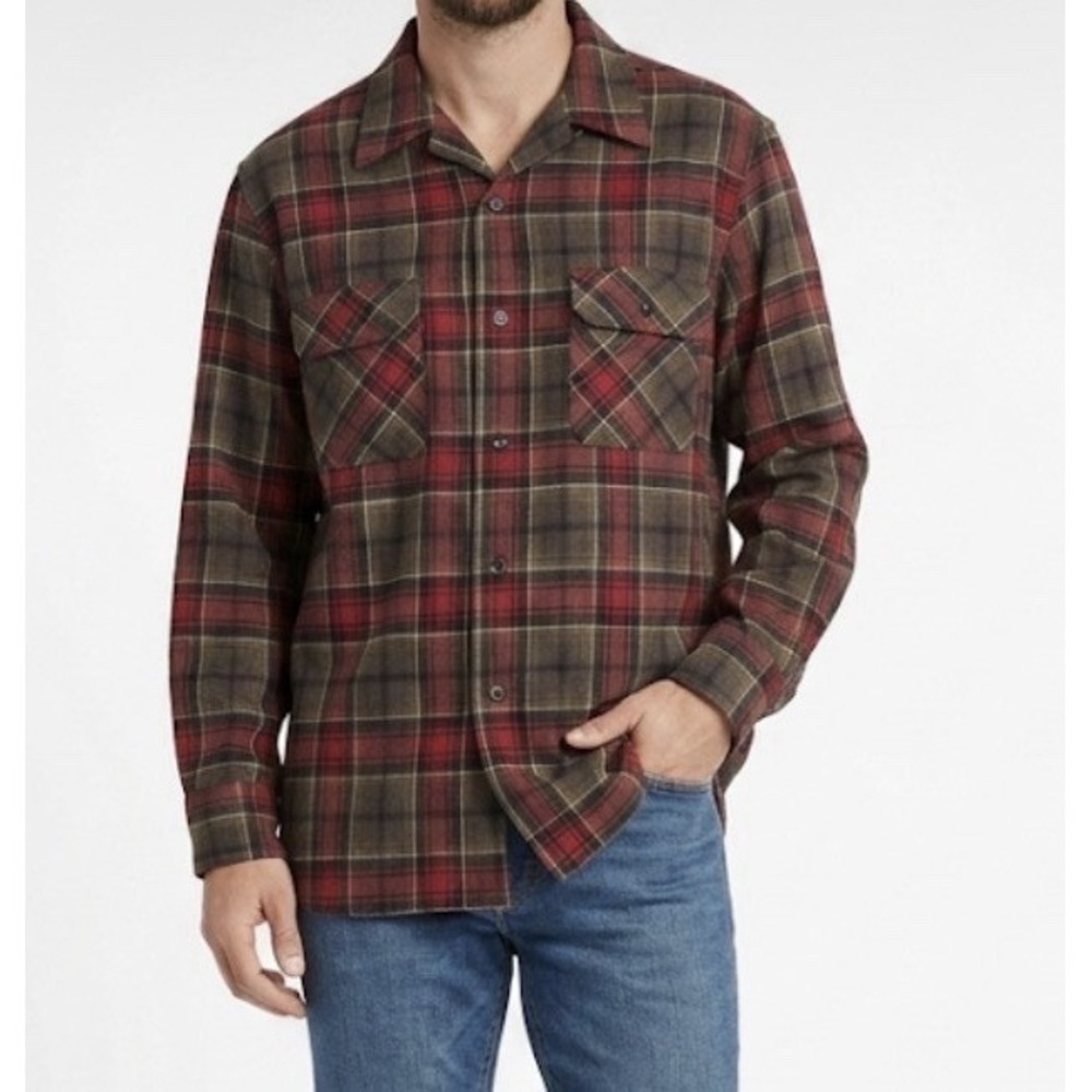 Pendleton Mens Virgin Wool Board Shirt Sz Medium Red/Brown Button Up Collared